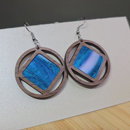 Wood Mirror [Blue Pearl Acrylic Acrylic Inlay] Earrings