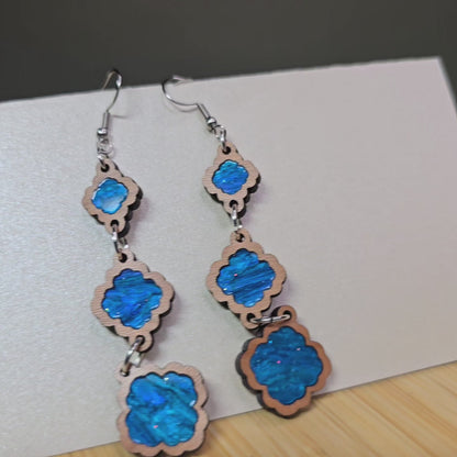 Wood 3 Tiered [Blue Pearl Acrylic Inlay] Earrings