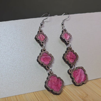 Wood 3 Tiered [Pink Pearl Acrylic Inlay] Earrings