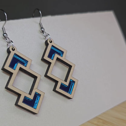 Wood Tiered Window [Teal Mirror Acrylic Inlay] Earrings