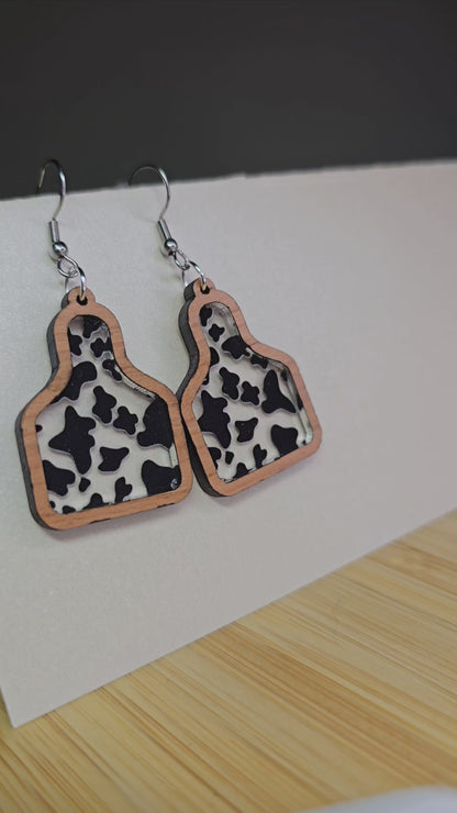 Wood Cow Tag [Cow Print Acrylic Inlay] Earrings