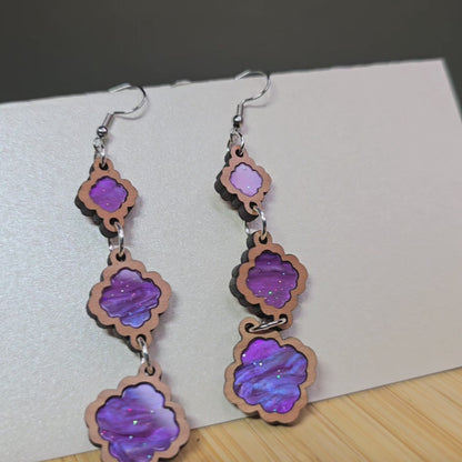 Wood 3 Tiered [Purple Pearl Acrylic Inlay] Earrings