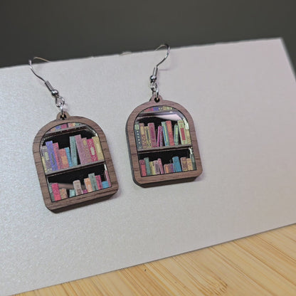 Wood Bookcase Arch Short [Gun Metal Mirror Acrylic Book Inlay] Earrings