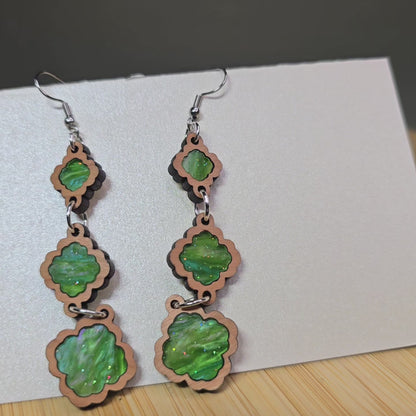 Wood 3 Tiered [Green Pearl Acrylic Inlay] Earrings