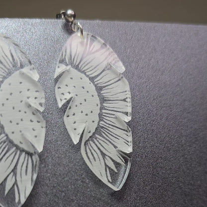 Sunflower Feather - Clear Frosted Acrylic Earrings