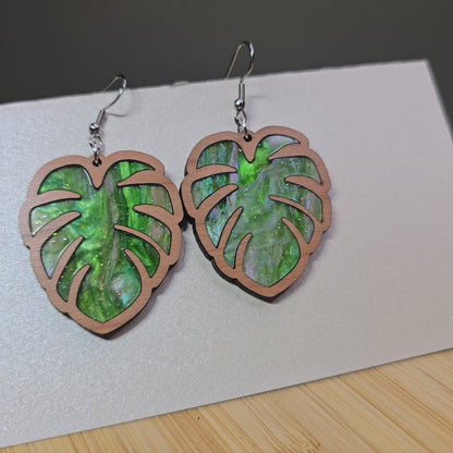 Wood Monstera Flower [Green Pearl Acrylic Inlay] Earrings