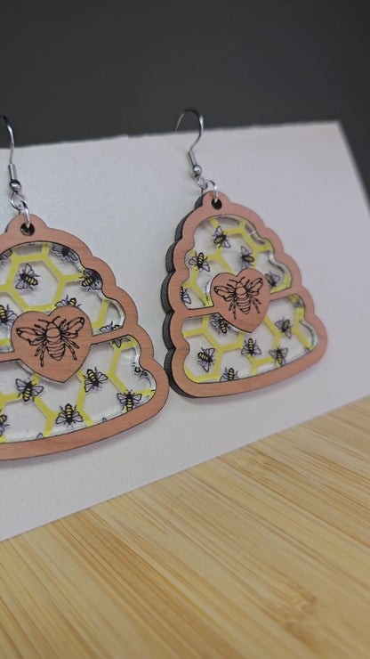 Wood Bee Hive w/ Engraved Bee [Bee Acrylic Inlay] Earrings