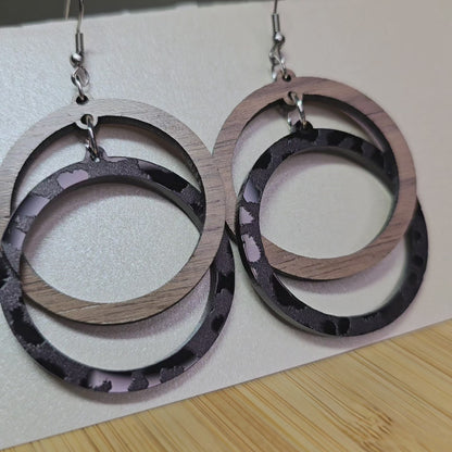 Impossible Hoops - Walnut Wood & Black Cheetah Mirror Acrylic Earrings