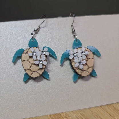 Sea Turtle w/Flowers [Light Teal Acrylic, Maple Wood, White Acrylic Flowers] Acrylic Earrings