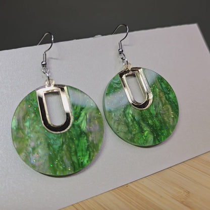 Boho Hoop [Half Green Pearl Acrylic / Gold Mirror Acrylic Inlay] Earrings