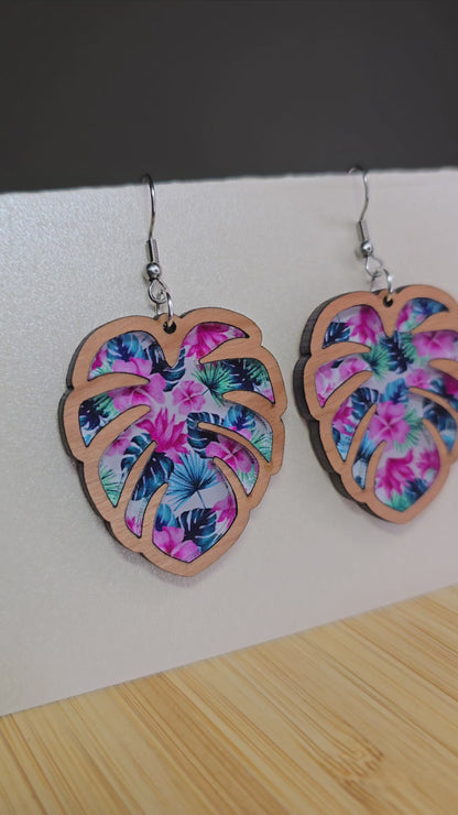 Wood Monstera Flower [Tropical Acrylic Inlay] Earrings