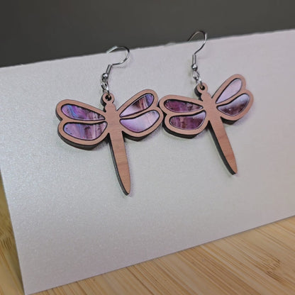 Wood Dragonfly [Tann Pearl Acrylic Inlay] Earrings