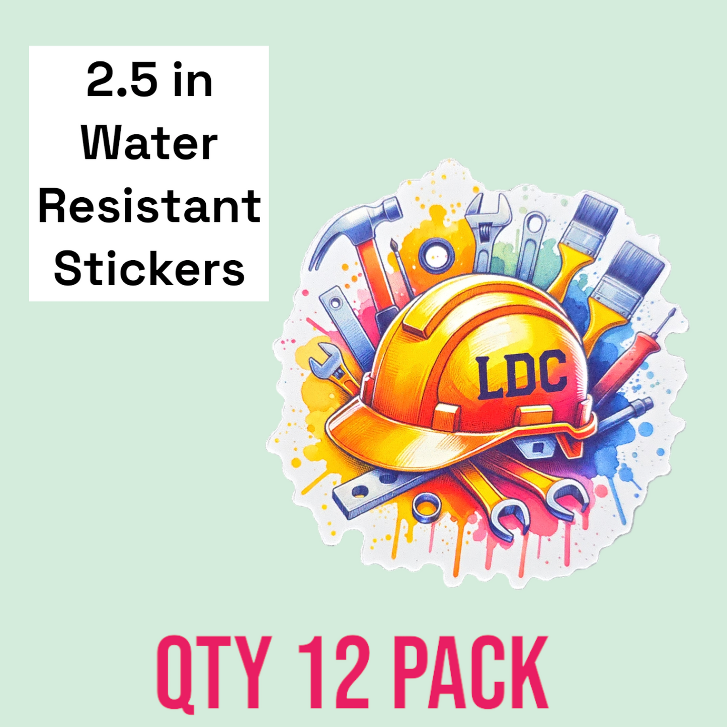 2.5" LDC Project Water Resistant Stickers (12 pack) - Paint Spatter Hard Hat